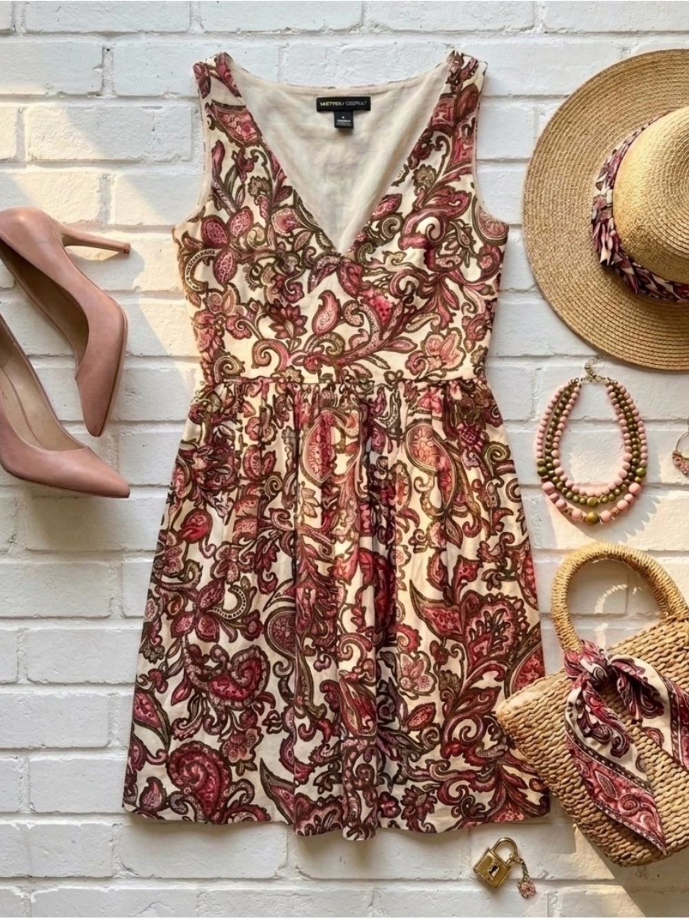 New York & Company Cream Paisley Mini Dress with Pink Accents